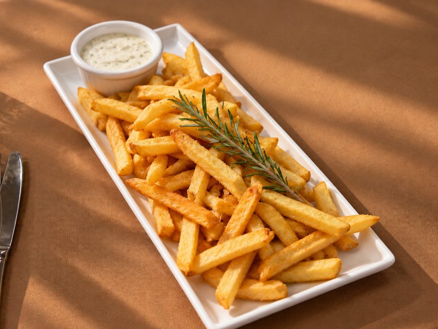 Batatas fritas crocantes com molho e alecrim em travessa branca