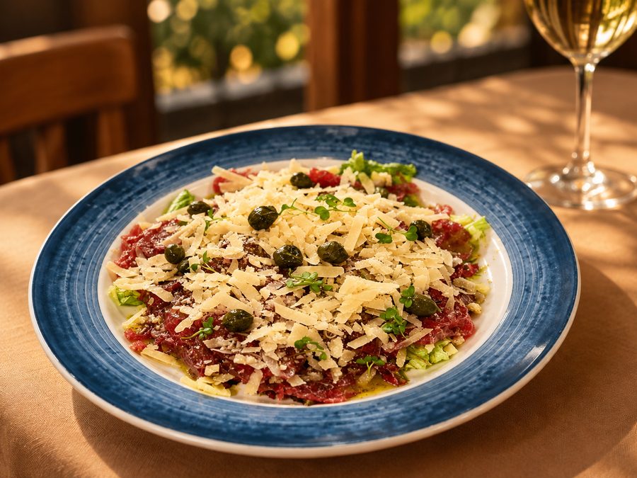 Carpaccio clássico com lascas de parmesão e alcaparras em prato azul