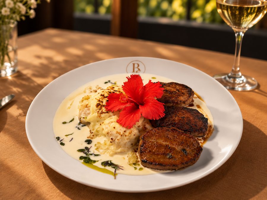 Conchiglione gratinado com molho de queijos e hibisco em prato branco