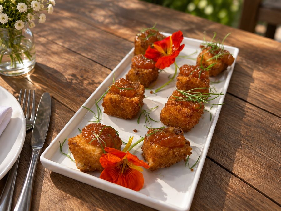 Dadinhos de tapioca com geleia de pimenta e flor comestível em travessa branca