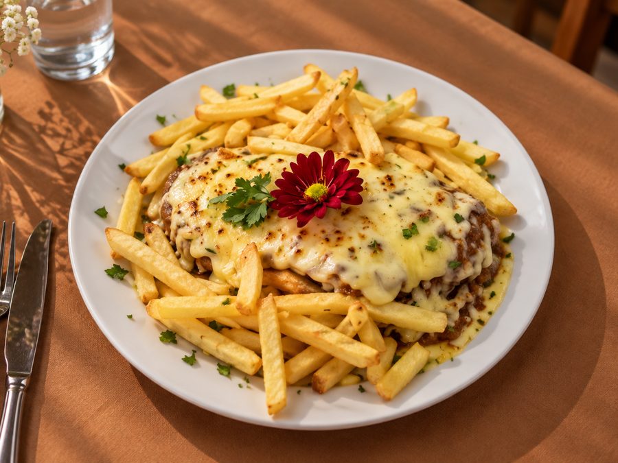 Filé mignon à parmegiana gratinado com batatas fritas em prato branco