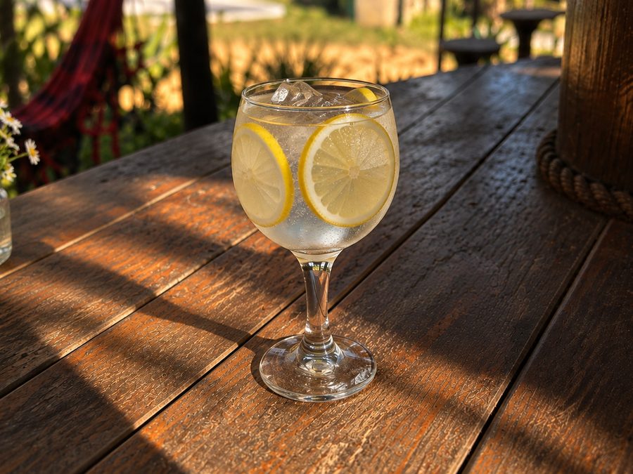 Gin tônica em taça com gelo e fatias de limão siciliano