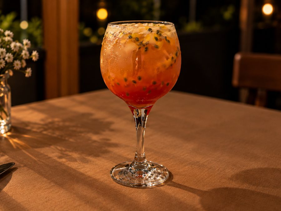Drink Haras Sunset em taça com polpa de maracujá