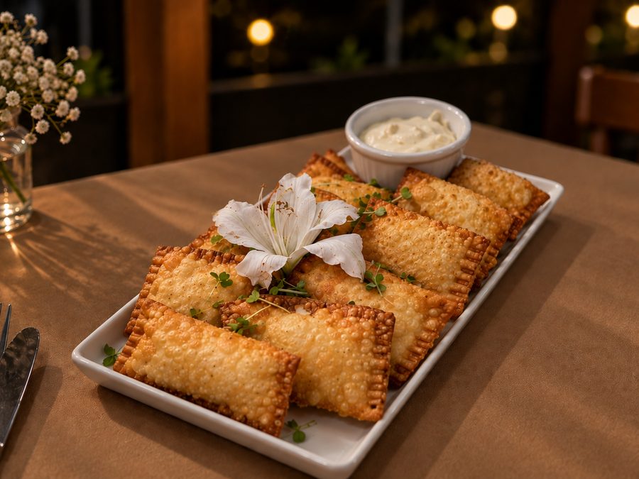 Mini pastéis dourados com molho e flor comestível em travessa branca