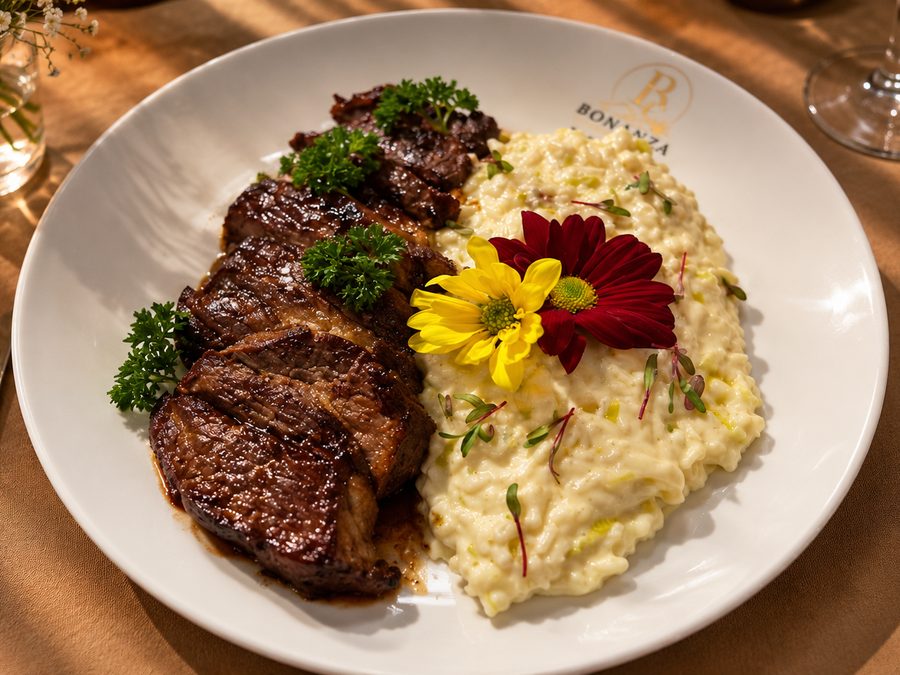 Picanha grelhada fatiada com creme de arroz e flores comestíveis em prato branco