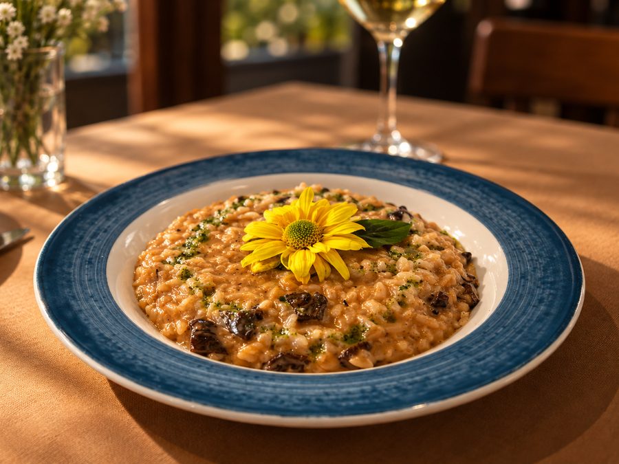 Risoto de funghi com flor comestível em prato azul