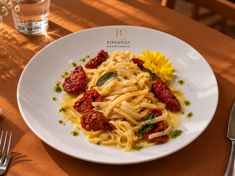 Talharim na manteiga de sálvia com tomates e flor comestível em prato branco