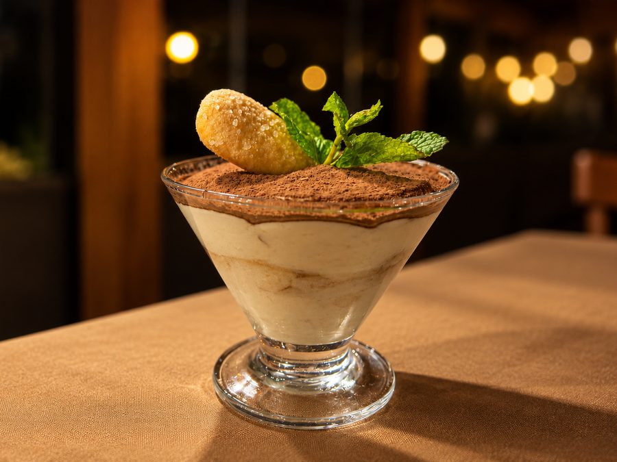 Tiramisù servido em taça com biscoito e hortelã