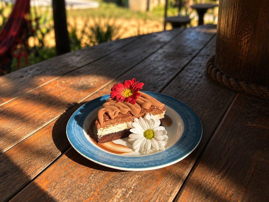 Fatia de torta triplo cioccolato com flores em prato azul